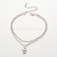 Tibetan Style Heart Charm Anklets, with Iron Chains and Zinc Alloy Lobster Claw Clasps, Platinum, 230mm(AJEW-AN00092-02)