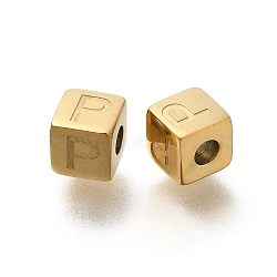 Ion Plating(IP) 304 Stainless Steel Beads, Cube with Letter, Real 14K Gold Plated, Letter P, 5x5x5mm, Hole: 2mm(STAS-F308-01G-P)