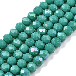 Electroplate Opaque Solid Color Glass Beads Strands, Half Rainbow Plated, Faceted, Rondelle, Light Sea Green, 4x3mm, Hole: 0.4mm, about 113~115pcs/strand, 41~41.5cm(EGLA-A044-P4mm-L31)