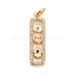 Brass Micro Pave Cubic Zirconia Pendants, with Enamel, Long-Lasting Plated, Lead Free & Cadmium Free, Rectangle with Heart & Hamsa Hand Charms, Real 24K Gold Plated, 22x6.5x2mm, Jump Ring: 5x1mm, 3mm inner diameter(X-KK-M225-01G)