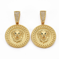 Brass Micro Pave Cubic Zirconia Pendants, Nickel Free, Flat Round with Lion, Real 16K Gold Plated, 26.5x24x6mm, Hole: 3x10mm(X-KK-Q252-047-NF)
