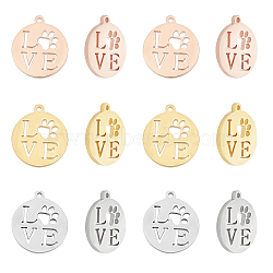Unicraftale 12Pcs 3 Colors 304 Stainless Steel Pendants, Manual Polishing, Flat Round with Word LOVE, for Valentine's Day, Mixed Color, 12x12x1.5mm, Hole: 1.2mm, 4pcs/color(STAS-UN0024-29)