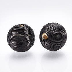 Wood Beads Covered with Polyester Cord Wire, Round, Black, 18~19x17.5~18mm, Hole: 3.5~4mm(X-WOVE-S117-18mm-01)