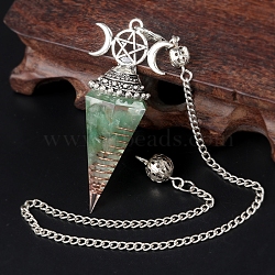 Natural Green Aventurine Chip & Resin Orgonite Dowsing Pendulum Big Pendants, with Platinum Plated Metal Triple Moon Pentagram, Hexagonal Cone Charm Charm, 300mm(PW-WG36861-04)