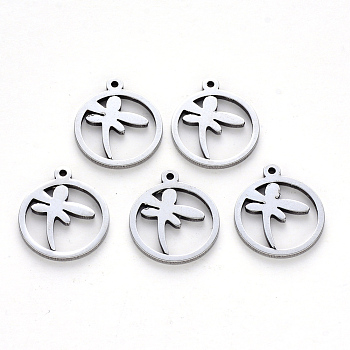 304 Stainless Steel Pendants, Laser Cut, Ring with Dragonfly, Stainless Steel Color, 17x15x1mm, Hole: 1.2mm