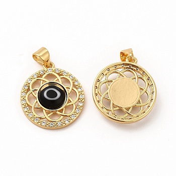 Rack Plating Brass Micro Pave Clear Cubic Zirconia Pendants, with Handmade Evil Eye Lampwork, Cadmium Free & Lead Free, Long-Lasting Real 18K Gold Plated, Flat Round with Flower Charm, Black, 21.5x19x4.5mm, Hole: 4.5x3.5mm
