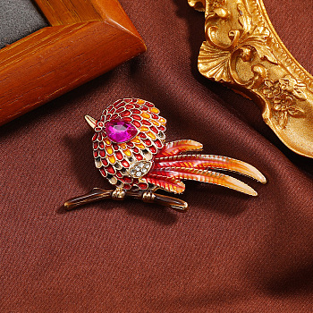 Cute Bird Enamel Pins, Light Gold Alloy Rhinestone Animal Brooch for Women's Sweaters Coats, Fuchsia, 50x30mm