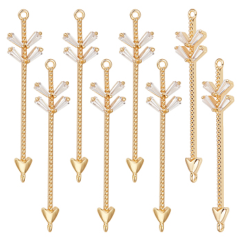 8Pcs Brass Pave Clear Cubic Zirconia Connector Charms, Arrow Links, Real 18K Gold Plated, 41x8x3mm, Hole: 1.2mm