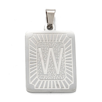 304 Stainless Steel Pendants, Rectangle with Alphabet, Letter.W, 30x20x1.5mm, Hole: 3x6mm