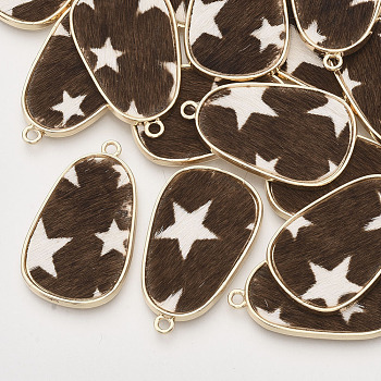 Eco-Friendly Cowhide Leather Pendants, with Golden Plated Alloy Cabochon Settings, teardrop, with Star Pattern, Sienna, 35x21x2~3mm, Hole: 1.8mm
