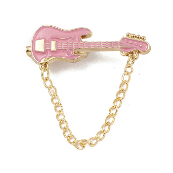 Alloy Enamel Brooch, Guitar Pin with Chain, Pink, 37mm