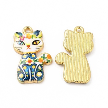 Rack Plating Alloy Pendants, Printed, Lead Free & Cadmium Free & Nickel Free, Cat Charm, Light Gold, Colorful, 23x14x2mm, Hole: 1.6mm