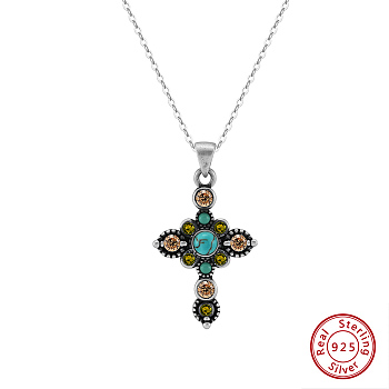 Natural Turquoise & Cubic Zirconia Cross Pendant Necklaces, Rhodium Plated 925 Sterling Silver Cable Chain Necklaces, Antique Silver & Platinum, 17.95 inch(45.6cm)