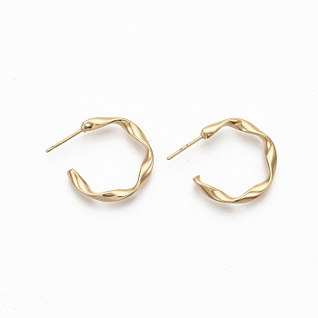 Semicircular Brass Stud Earrings, Half Hoop Earrings, Twited Letter C Shape, Nickel Free, Real 18K Gold Plated, 23.5x22x3mm, Pin: 0.8mm