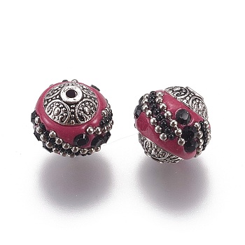 Handmade Indonesia Beads, with Jet Rhinestones and Alloy Cores, Round, Antique Silver, Camellia, 14~16x14~16mm, Hole: 1.5mm