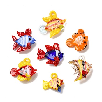 Handmade Lampwork Pendants, Fish, Mixed Color, 25.5~35x24~36.5x9.5~19mm, Hole: 1.2~5.5mm