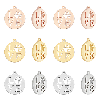 Unicraftale 12Pcs 3 Colors 304 Stainless Steel Pendants, Manual Polishing, Flat Round with Word LOVE, for Valentine's Day, Mixed Color, 12x12x1.5mm, Hole: 1.2mm, 4pcs/color