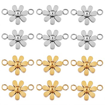 12Pcs 430 Stainless Steel Small Flower Connector Charms, Metal Daisy Pendant for Jewelry Earring Bracelet Handmade Making, with Open Loop, Golden & Stainless Steel Color, 9mm