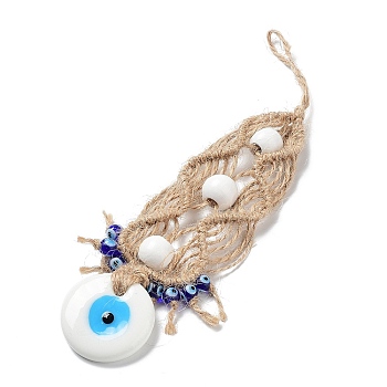 Flat Round with Evil Eye Glass Pendant Decorations, Braided Hemp Rope Hanging Ornaments, White, 200mm
