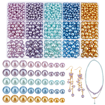 PandaHall Elite 1100Pcs 15 Styles Baking Painted Pearlized Glass Pearl Round Beads, Mixed Color, 4~8x5~9mm, Hole: 1mm