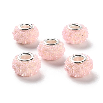 AB Color Resin Rose Flower European Beads, Rondelle Large Hole Beads, with Platinum Tone Alloy Double Cores, Pink, 14x9mm, Hole: 5mm