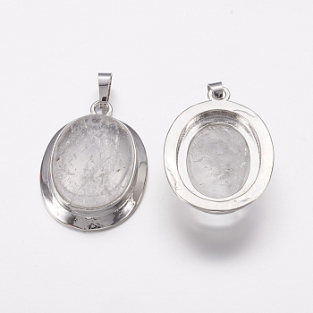 Natural Quartz Crystal Pendants, with Platinum Tone Alloy Findings, Oval, 37x25x10mm, Hole: 4x8mm