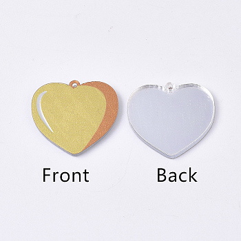 Acrylic Pendants, PVC Printed on the Front, Film and Mirror Effect on the Back, Heart, Gold, 20x22x2mm, Hole: 1mm