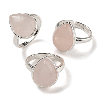 Natural Rose Quartz Teardrop Adjustable Rings, Lead Free & Cadmium Free, Silver Plated Brass Finger Rings for Women Men, Teardrop: 18.5x14mm, Inner Diameter: 18mm