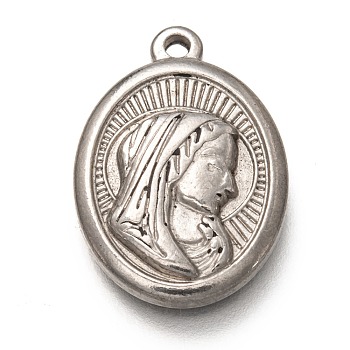 304 Stainless Steel Pendants, Oval with Virgin Mary, Stainless Steel Color, 23.5x16.5x3.5mm, Hole: 1.6mm