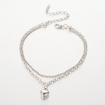 Tibetan Style Heart Charm Anklets, with Iron Chains and Zinc Alloy Lobster Claw Clasps, Platinum, 230mm