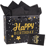 Birthday Printed Paper Tote Bags with Handles, Rectangle Shopping Bags, with Wrapping Paper and Greeting Card, Black, Tote Bag: 33x26x12cm(CARB-WH20001-01D)