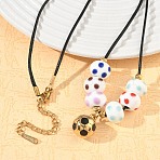 Sports 304 Stainless Steel Enamel Football Pendant Black Waxed Cord Necklaces, with Ceramic Beads, Colorful, Golden, 18.39 inch(46.7cm)(SA-CBA5F92-02G)