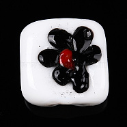 Handmade Lampwork Beads, Square with Flower, White, 15~16x15x8mm, Hole: 1.4~1.5mm(LAMP-T021-21A)