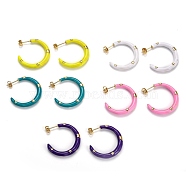 Brass Enamel Half Hoop Earrings, with Ear Nuts, Moon, Real 18K Gold Plated, Mixed Color, 29x29x4.5mm, Pin: 0.9mm(EJEW-B004-03G)