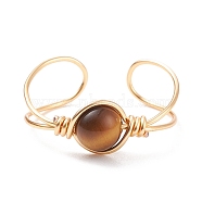 Natural Tiger Eye Round Beaded Open Cuff Ring, Copper Wire Wrap Gemstone Jewelry for Women, Golden, US Size 9(18.9mm)(RJEW-TA00041-01)