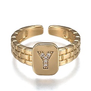 Brass Micro Pave Clear Cubic Zirconia Cuff Rings, Open Rings, Cadmium Free & Lead Free, Rectangle, Golden, Letter.Y, US Size 6 1/4, Inner Diameter: 16.8mm(RJEW-H538-02G-Y)