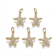 Brass Micro Pave Clear Cubic Zirconia Charms, with Jump Ring, Nickel Free, Starfish Shape, Real 18K Gold Plated, 14.5x12x3.5mm, Jump Ring: 4.5x0.7mm, 3mm inner diameter(KK-S354-253-NF)
