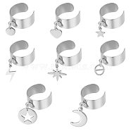 8Pcs 8 Styles 304 Stainless Steel Open Cuff Rings Set, with Alloy Charms, Oval & Heart & Star, Stainless Steel Color, Inner Diameter: 17~18mm, 1pc/style(RJEW-UN00005)