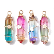 Glass Brass Pendants, Bullet Shape with Heart Charm, Mixed Color, 37~37.5x10.5x11.5mm, Hole: 3mm(PALLOY-JF02563)