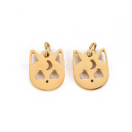 304 Stainless Steel Charms, with Jump Rings, Laser Cut, Cat, Real 14K Gold Plated, 8x6.5x1mm, Jump Ring: 2.8x0.5mm, 1.8mm inner diameter(STAS-S116-141G)