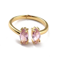 Oval Rhinestone Cuff Ring, Real 18K Gold Plated Brass Open Ring for Women, Rose, US Size 7(17.3mm)(RJEW-M139-G20)