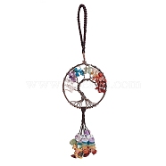 Wire Wrapped Chips Natural Gemstone Big Pendant Decorations, with Red Copper Plated Brass Wires and Nylon Cord, Flat Round with Tree of Life, 160~180mm(HJEW-SZ0001-26D)