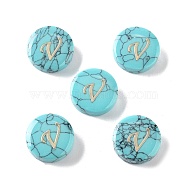 Synthetic Turquoise Beads, with Golden Tone Brass Slices, Flat Round with Letter, Letter V, 15x5.5mm, Hole: 1.4mm(G-A238-02V)