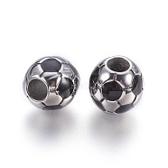 304 Stainless Steel Enamel European Beads, Large Hole Beads, FootBall/Soccer Ball, Black, Stainless Steel Color, 12.5x12mm, Hole: 5mm(X-STAS-P212-16P)