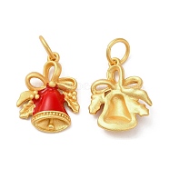 Rack Plating Brass Pendants, with Enamel and Jump Ring, Long-Lasting Plated, Matte Gold Color, Christmas Bell Charm, Red, 20x15x3.5mm, Hole: 5mm(KK-M245-08MG)