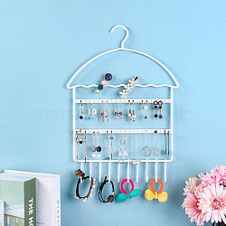 House Shaped Wall-mounted Iron Jewelry Display Rack, Jewelry Hanging Organizer Holder with Hook for Bracelet, Necklace, Earrings Storage, White, 42x30cm(PW-WG80889-02)