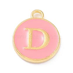 Golden Plated Alloy Enamel Charms, Enamelled Sequins, Flat Round with Alphabet, Letter.D, Pink, 14x12x2mm, Hole: 1.5mm(X-ENAM-Q437-14D)