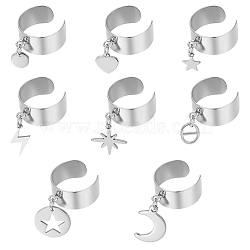 8Pcs 8 Styles 304 Stainless Steel Open Cuff Rings Set, with Alloy Charms, Oval & Heart & Star, Stainless Steel Color, Inner Diameter: 17~18mm, 1pc/style(RJEW-UN00005)