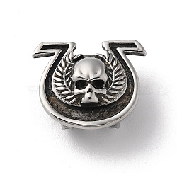 304 Stainless Steel Slide Charms, Horseshoe with Skull, Antique Silver, 17x21x11mm, Hole: 12x6mm(STAS-D014-24AS)