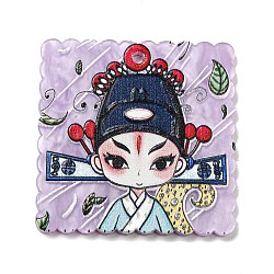 Embossed Printed Acrylic Pendant, Square Beijing Opera, Plum, 37.5x37.5x2.5mm, Hole: 1.8mm(MACR-K343-03E)